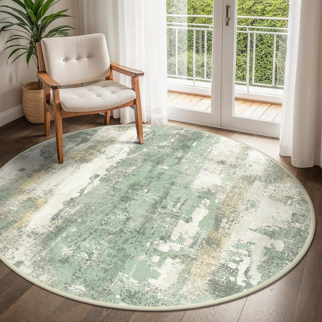 BEIMO Round Rugs 4FT for Living Room Bedroom, Modern Abstract Machine Washable Circle Rug, Soft Low Pile Floor Cover with Non Slip Backing for Dining Room, Light Green