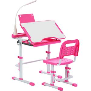 Real Relax Kids Desk and Chair Set, Children's Multifunctional School Tables with Tilt Desktop, LED Light, Metal Hook Pink