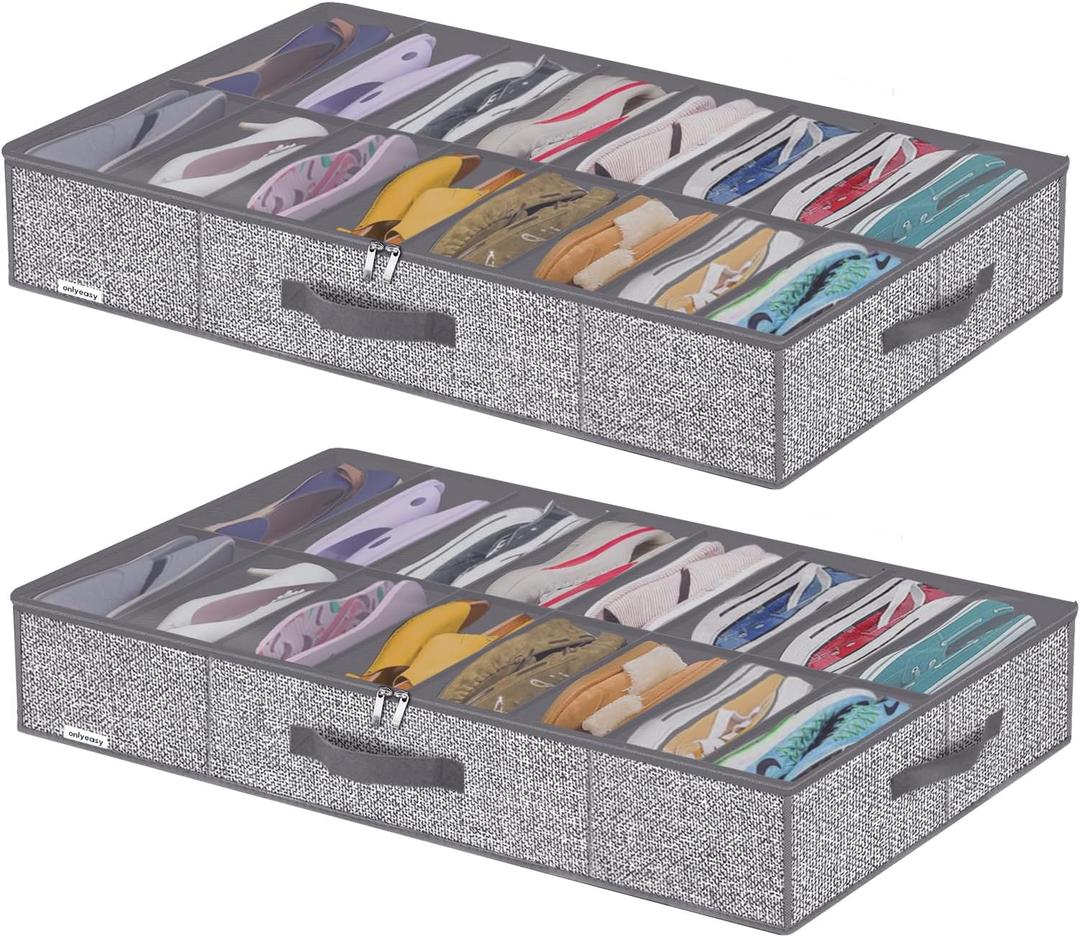 Onlyeasy Sturdy Under Bed Shoe Storage Organizers with Handles & Clear Window (16 to 32 Pairs) 2 Pack, Closet Shoes Containers Boxes for Kids & Adults, 37.7"x23.6"x5.9", Linen-like Grey, MXDUBS16P2