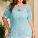 Eytino Women's Plus Size Crochet Hollow Out Half Sleeve Summer Sweater