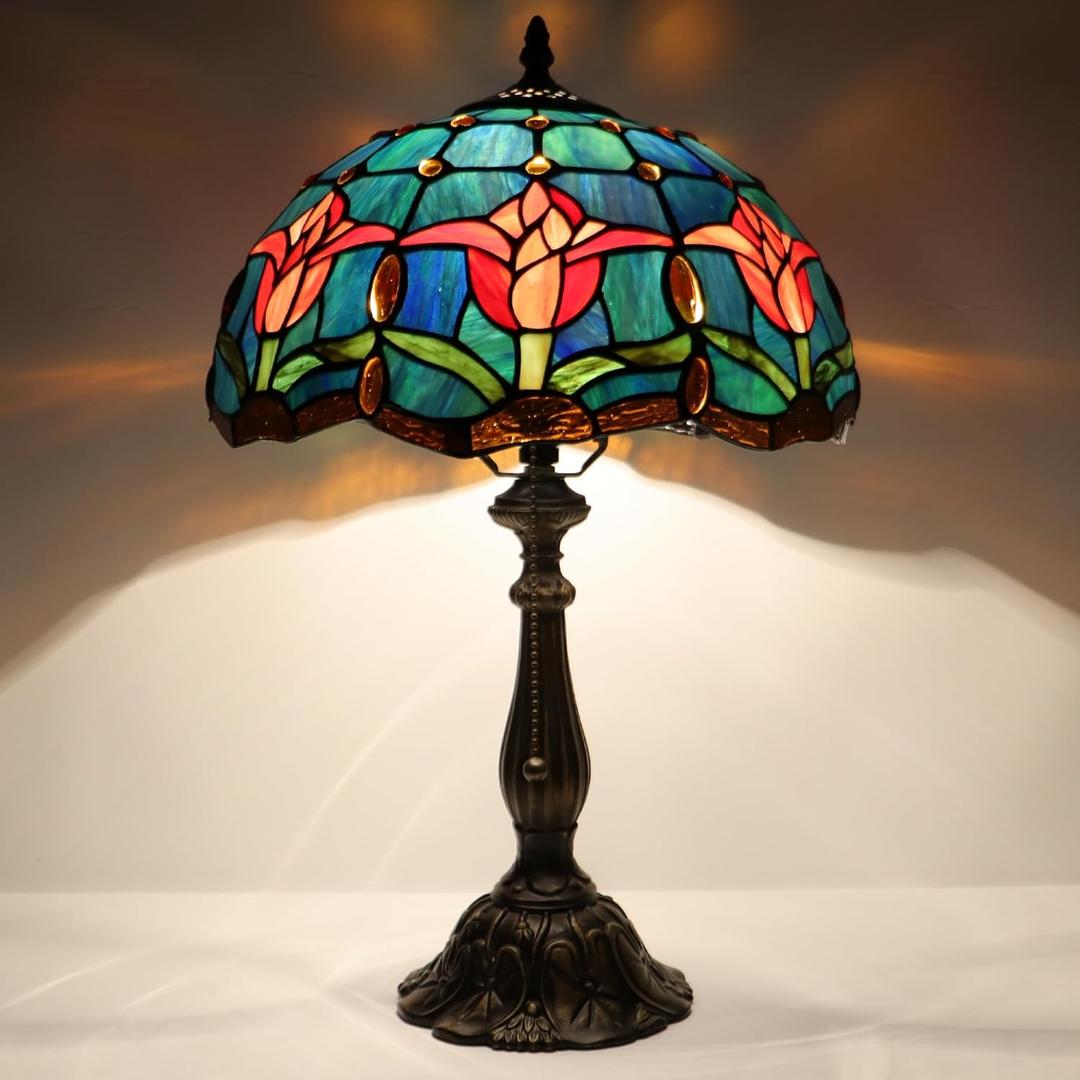 Tiffany Lamp Stained Glass Table Lamp Bedside Reading Light W12H19 Inches (Tulip Style)