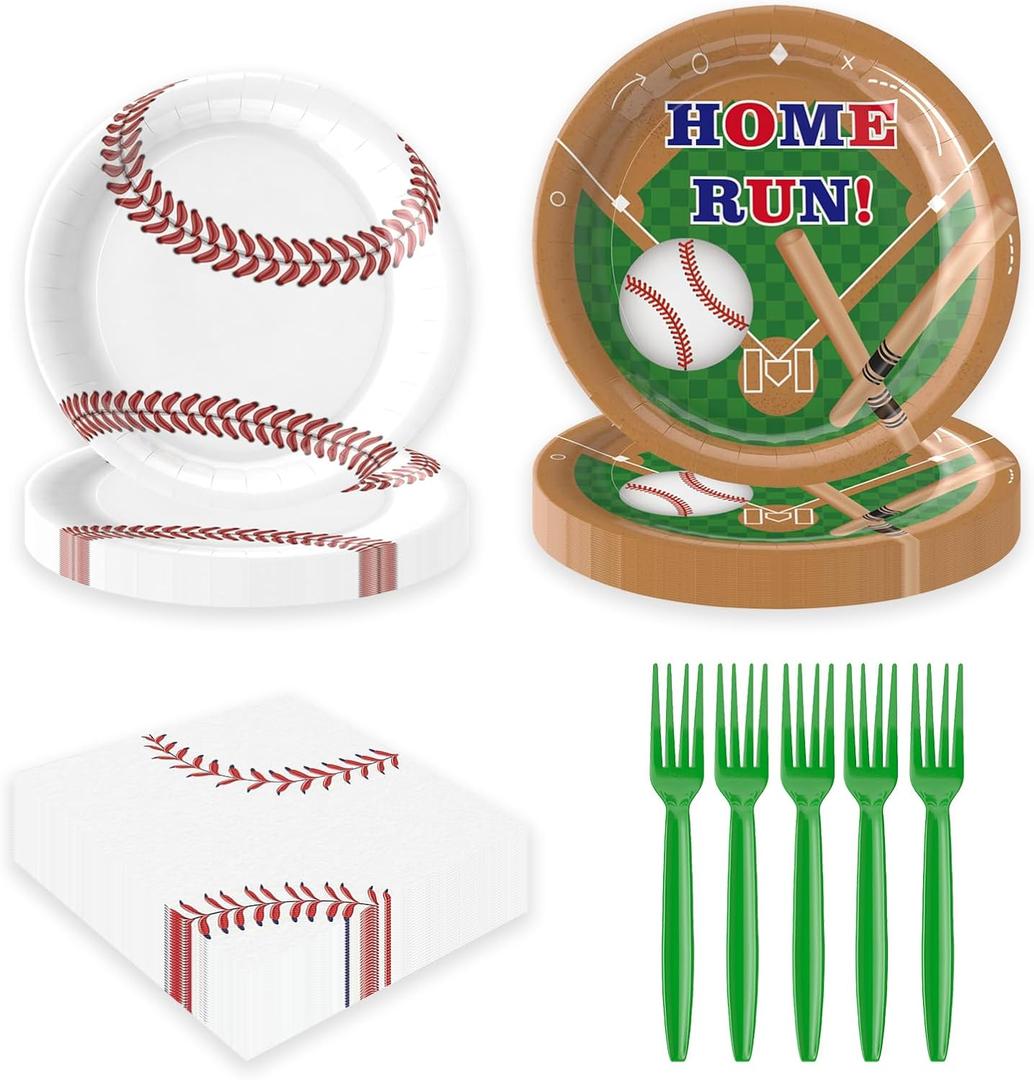 96Pcs Baseball Plates and Napkins Party Supplies-Baseball Birthday Party Disposable Paper Tableware Set for Game Day Celebrations Sports Theme Decorations Baby Shower Boy Kids Serves 24