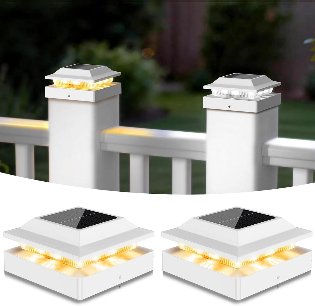 Solar Post Cap Lights 2-Pack, IP65 Waterproof Fence Post Solar Lights for 4x4 Wood/Vinyl Posts, Outdoor Post Lights with 2 Color Modes Decorate Garden Patio Porch Backyard, White