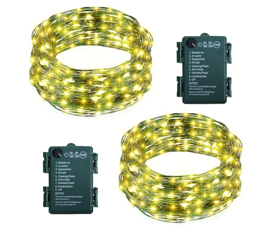 2 Pack Christmas Fairy Lights Battery Operated, Total 66Ft 200 LED String Light with Auto Timer 8 Modes Green Copper Wire Twinkle Lights for Bedroom Wreath Wedding Christmas (Warm White)