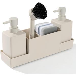 Kitchen Soap Dispenser with Sponge Holder Set for Sink Caddy, Hand Soap and Dish Soap Dispenser with Brush Matte Beige