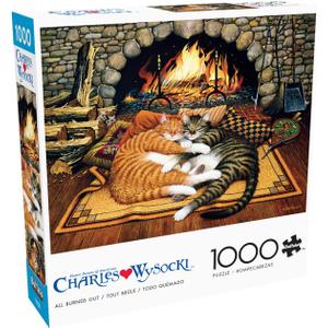 Buffalo Games  Charles Wysocki All Burned Out 1000 Piece Jigsaw Puzzle for Adults, Cozy Cat Fireplace Americana Artwork, Made in USA