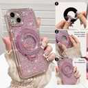 NITITOP Compatible with iPhone 15 Plus Case with Quicksand Stand Holder Pink Glitter Sequin Design for Girls Women Luxury Bling Diamond Frame Soft TPU Shockproof Protective Phone Cover - Pink