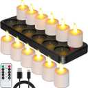 Esup Rechargeable Tea Lights Candles 12pcs Flameless Flickering Candles with Remote Control Timer & Charging Base, Decoration Parties, Weddings, Bar, Family, Dinner Outdoor Picnic