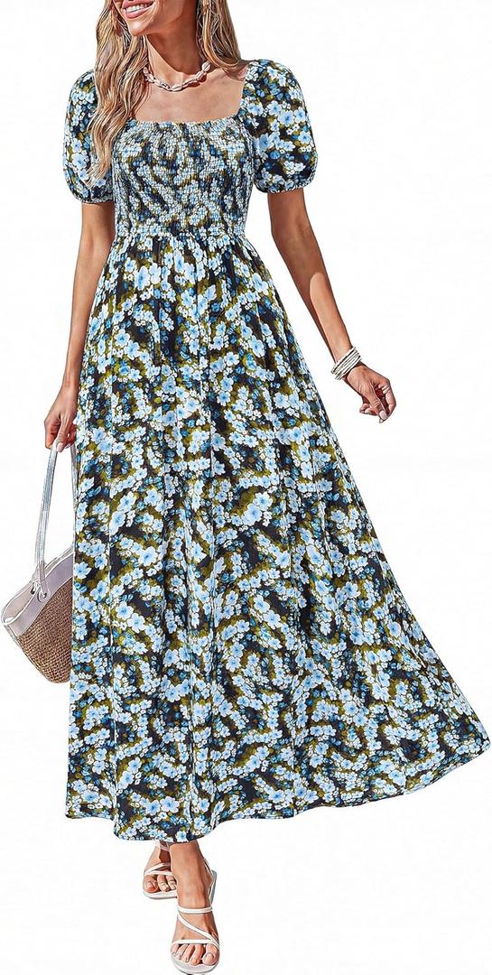BTFBM Summer Maxi Dresses for Women Wedding Guest Spring Floral Boho Short Sleeve Smocked Beach Graduation Dress 2026 (Blue, M)