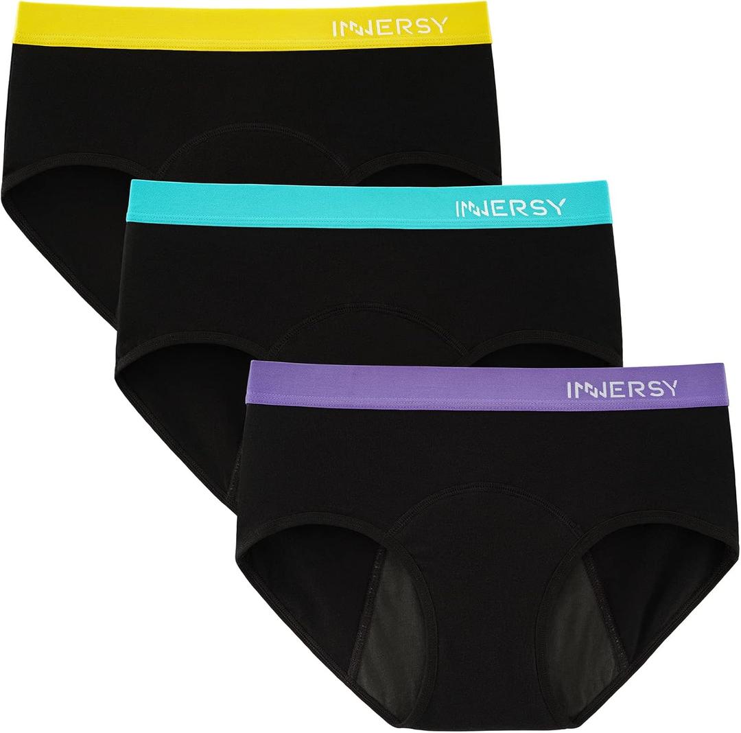 INNERSY Womens Period Underwear Mid Low Waisted Cotton Postpartum Maternity Panties 3 Pack, (X-Large, 3 Black with Contrasting Waistband)