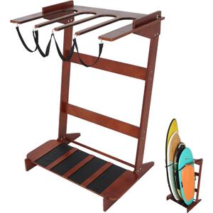 Freestanding Surfboard Rack, Vertical Surfboard Stand Racks, Surf Rack of Free Wall Mount Fits Shortboards, Longboards, Wakeboards, Holds 4 Board, Pine Wood,1 PCS,Dark Brown