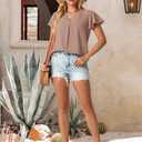 Womens Spring Tops Summer Dressy Casual Cute V Neck Ruffle Sleeve Blouses Flowy Shirts (Beige, S)