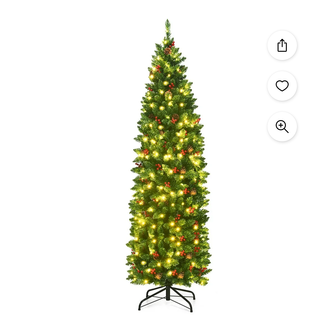 6.5Ft Pre-lit Hinged Pencil Christmas Tree w/Pine Cones Red Berries & 250 Lights