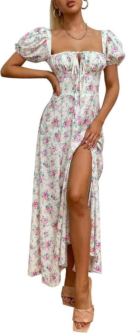 KUTUMAI Women Summer Puff Sleeve Off Shoulder Floral Flowy Long Maxi Dress (XS)