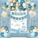 Blue Birthday Decorations for Women Girls, Light Dusty Blue White Sand Foil Balloons Table Cloth Sash Crown Fringe Curtains Happy Birthday Banner Glitter Star Garland Topper Butterfly Party Supplies