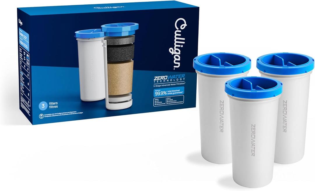 Culligan with ZeroWater Technology Replacement Filter 3-Pack, 5-Stage Advanced Water Filter IAPMO Certified to Reduce Lead, Total PFAS (Forever Chemicals), Mercury, Fluoride, and Chlorine