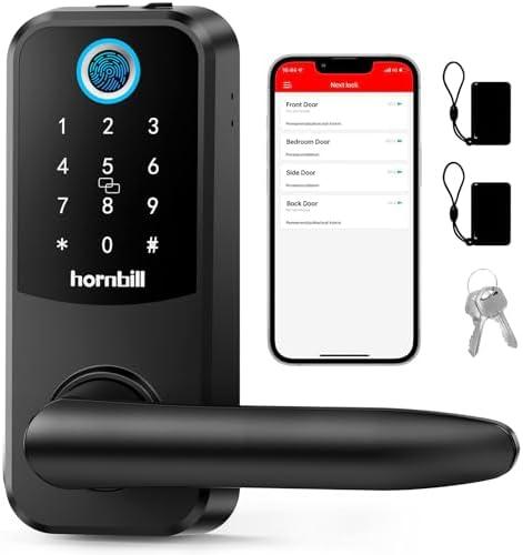 Hornbill Smart Lock Keyless Entry with Handle - Fingerprint Door Locks for Front Door - Keypad Electronic Digital Biometric Bluetooth Passcodes, Works with Alexa, App Control Touch Screen,Auto Lock