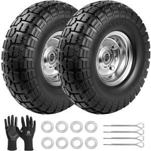 4.10/3.50-4 Tire Wheels Flat Free 10" Heavy Duty Solid Flat-Free Replacement Tire with 5/8 Axle Compatible with Gorilla Carts, Wheelbarrow, Dolly, Hand Truck (2-Pack)