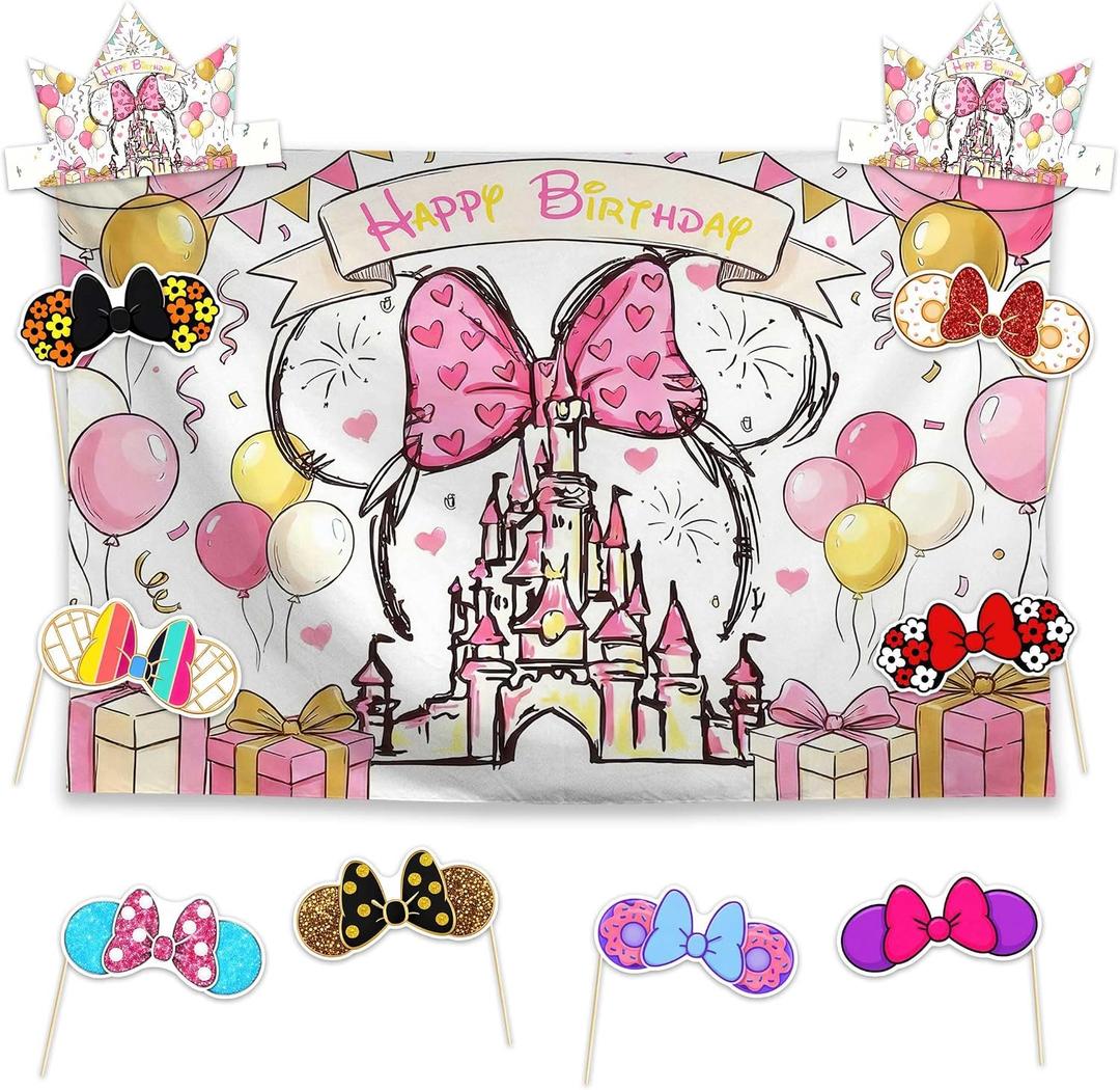 Allenjoy Princess Mouse Party Decorations Set - 11 Piece Kit with 59"x35" Backdrop, 2 Headbands, 8 Photo Booth Props, Decor Supplies, Favors for Girls Daughter Kids Fans Teens