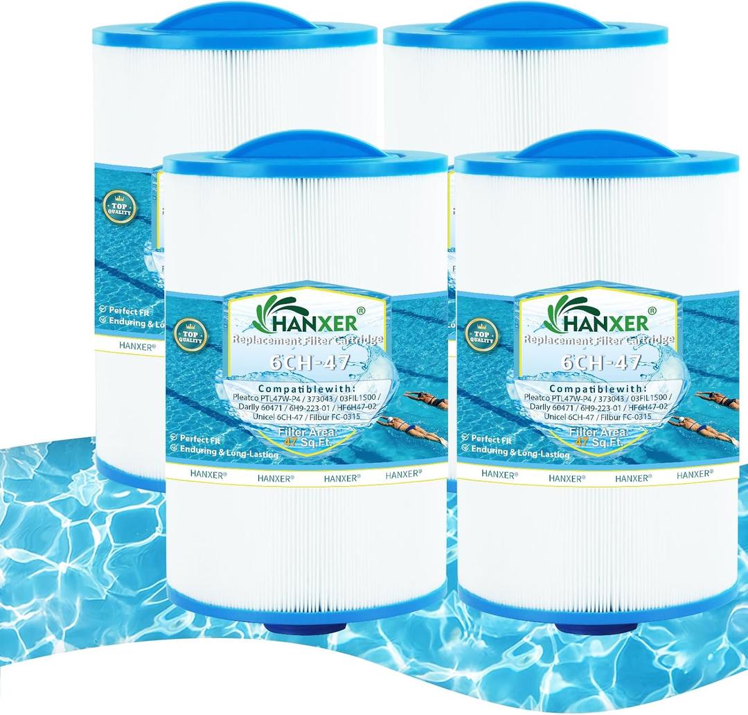 HANXER® 6CH-47 Spa Filter Cartridge Replaces for FC-0315, PTL47W-P4, 373043, 6H9-223-01, 03FIL1500, 60471 Hot Tub Filter, 47 sq.ft, 4 Pack