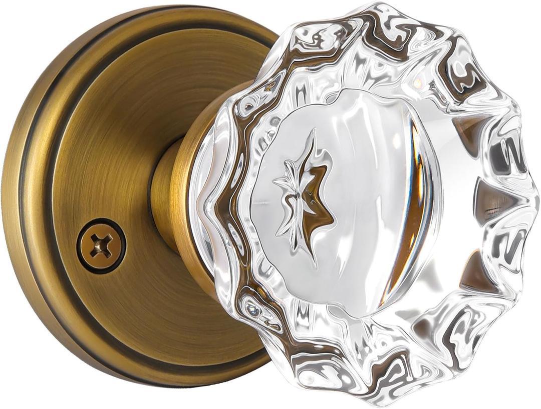 Antique Brass Glass Door Knobs, Crystal Door Knob Passage Door Knobs Glass Interior Door Knob for Hall and Closet, 1 Pack
