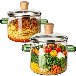 2PCS Glass Saucepan with Lid, Heat-Resistant Borosilicate Glass Simmer Pot, Durable Transparent Cooking Pot for Soup, Pasta, Noodles, Baby Food, Clear Glass Cookware Set for Stovetop (2PCS-Green)