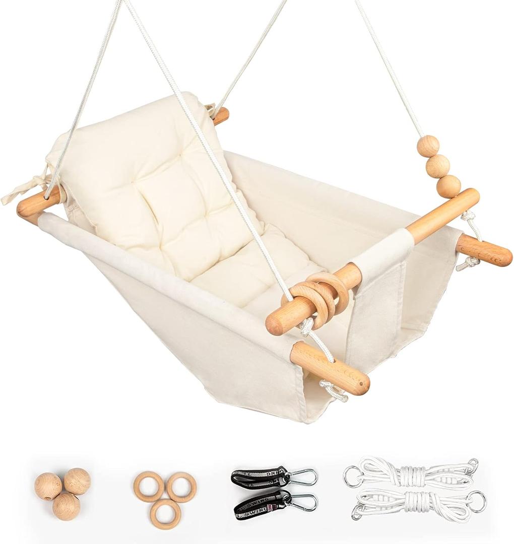 Baby Swing Outdoor Indoor for Infants to Toddlers, Portable Adjustable Tree Design with 5-Point Safety Belt, Porch Garden Backyard Swing Cream