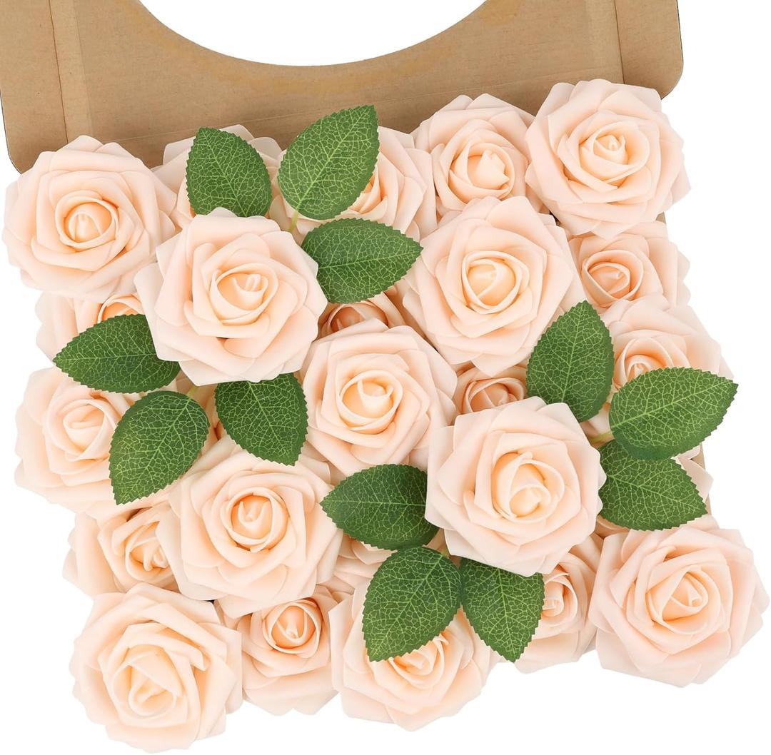 N&T NIETING Artificial Flowers, 25Pcs Fake Flowers Roses Foam Roses with Stems Perfect for Valentines Day DIY Wedding Bouquets Centerpieces Bridal Shower Party Home Flower Arrangement Decorations (Blush)