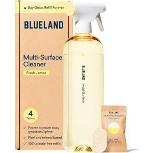 BLUELAND Multi-surface Cleaner, Starter Set, Fresh Lemon Scent, Spray Bottle with 4 Refill Tablets, All-Purpose, Eco-Friendly Cleaning Supplies, 4 x 24 Fl Oz