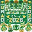 Graduation Decorations Class of 2026 Green and Gold Graduation Decorations with Congrats Grad Banner,Backdrop,Porch Sign,Balloons,Hanging Swirls,Honeycomb Centerpieces,Box for Graduation Party Decor