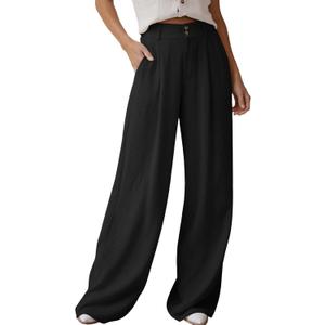 Dokotoo Womens Linen Pants Casual Loose Wide Leg Pants for Women Elastic Waist Palazzo Pants Trousers with Pockets (XX-Large, Black)