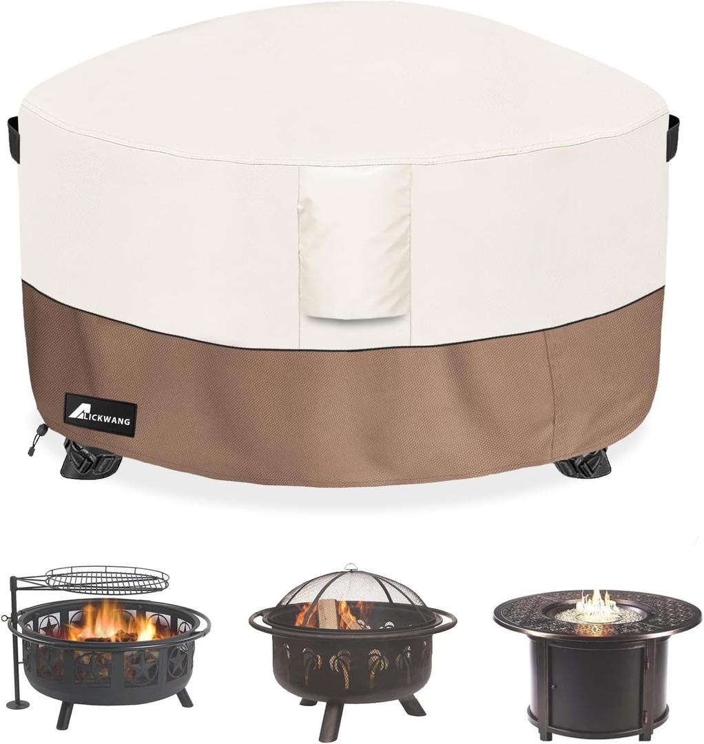 Fire Pit Cover Round 50 Inch Waterproof,Outdoor Heavy Duty Durable 600D Tear-Resistant Fire Pit Table Cover,Patio Round Firepit Cover 50" D x 24" H, Beige