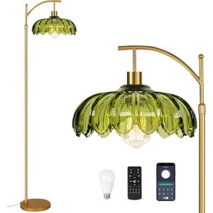 Gold Floor Lamps for Living Room Vintage Green Floor Lamp with Remote Control & Glass Lampshape,Dimmable Mid Century Modern Standing Lamp Tall Flower Lamp Brass Floor lamp for Bedroom Corner (10.2inch)
