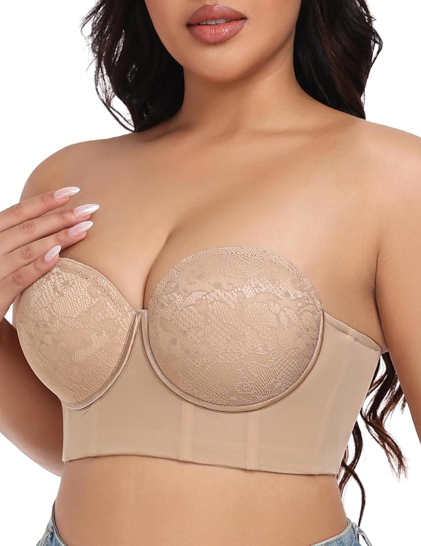 FallSweet Lace Strapless Bustier Bra for Women Underwire Longline Corset Top (Beige, L)