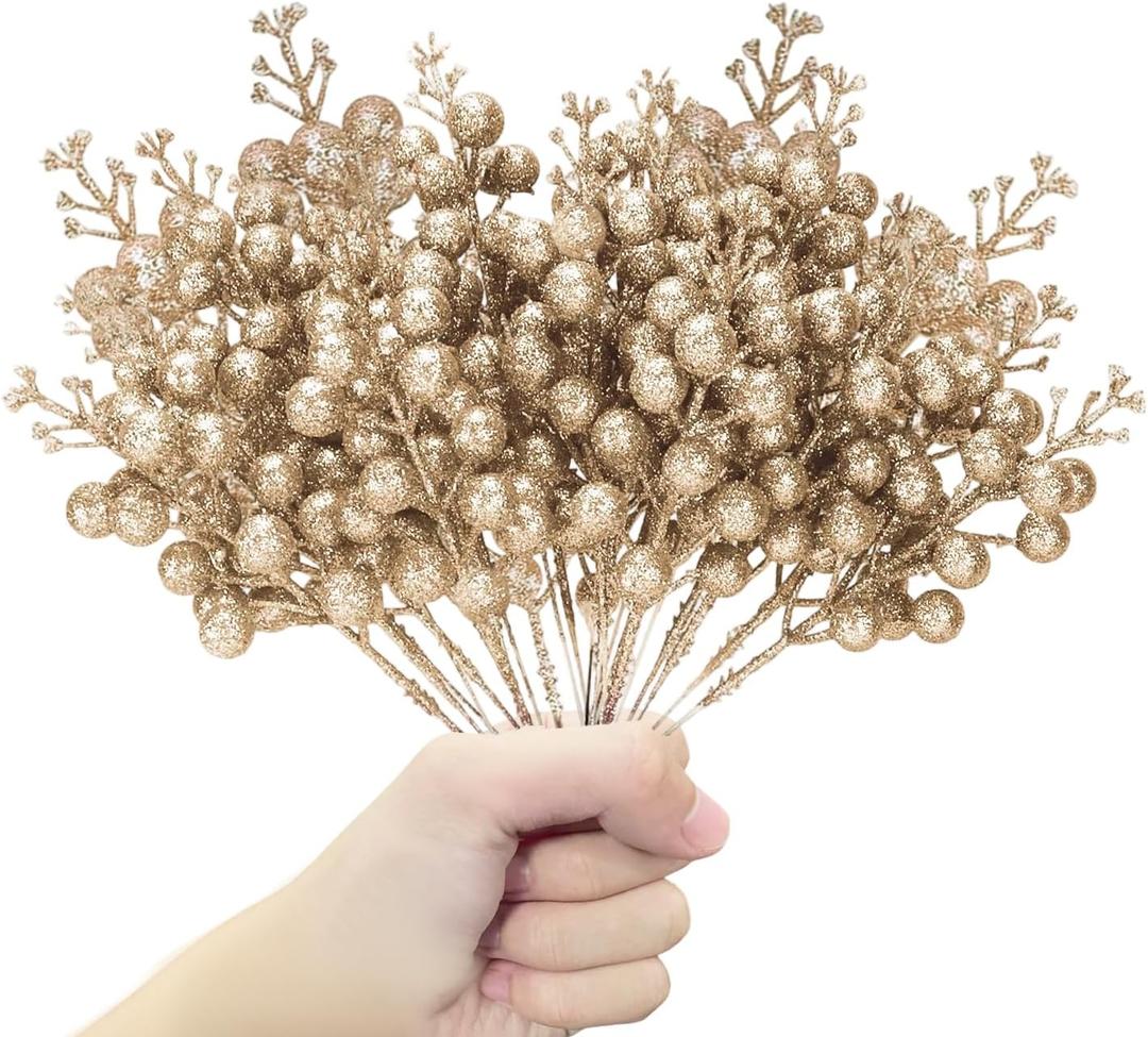 24 Pack Christmas Glitter Berries Stems, 8.5 Inch Artificial Christmas Picks, Berry Branches for Christmas Tree Ornaments, DIY Wreath, Crafts, Holiday and Party Decor (Champagne)
