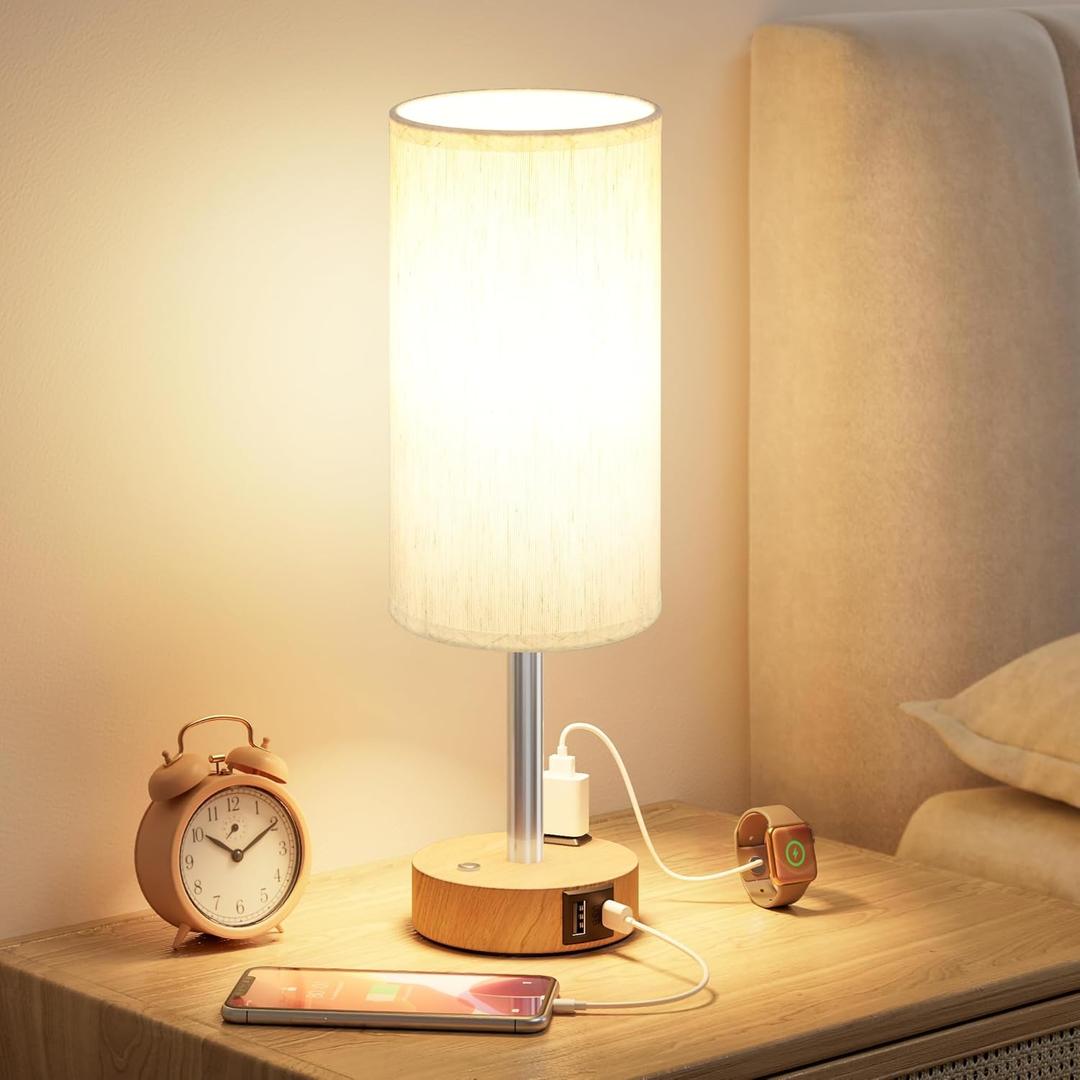 Touch Bedside Table Lamp with Memory - Stepless Dimmable Lamp for Bedroom, Small Nightstand Lamp with Dual USB Charging Ports and AC Outlet, Wood Night Light, Deak Lamp for Nursery, Living Room, Dorm 4.61"D x 4.61"W x 9.25"H