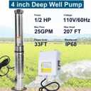4" Deep Well Submersible Pump, 1/2 HP, 110V, 60 Hz, 25 GPM,207FT Max Head, 33FT Power Cord,Stainless Steel Submersible Well Pump with External Control Box, Check Valve & Outlet,ON/OFF Switch
