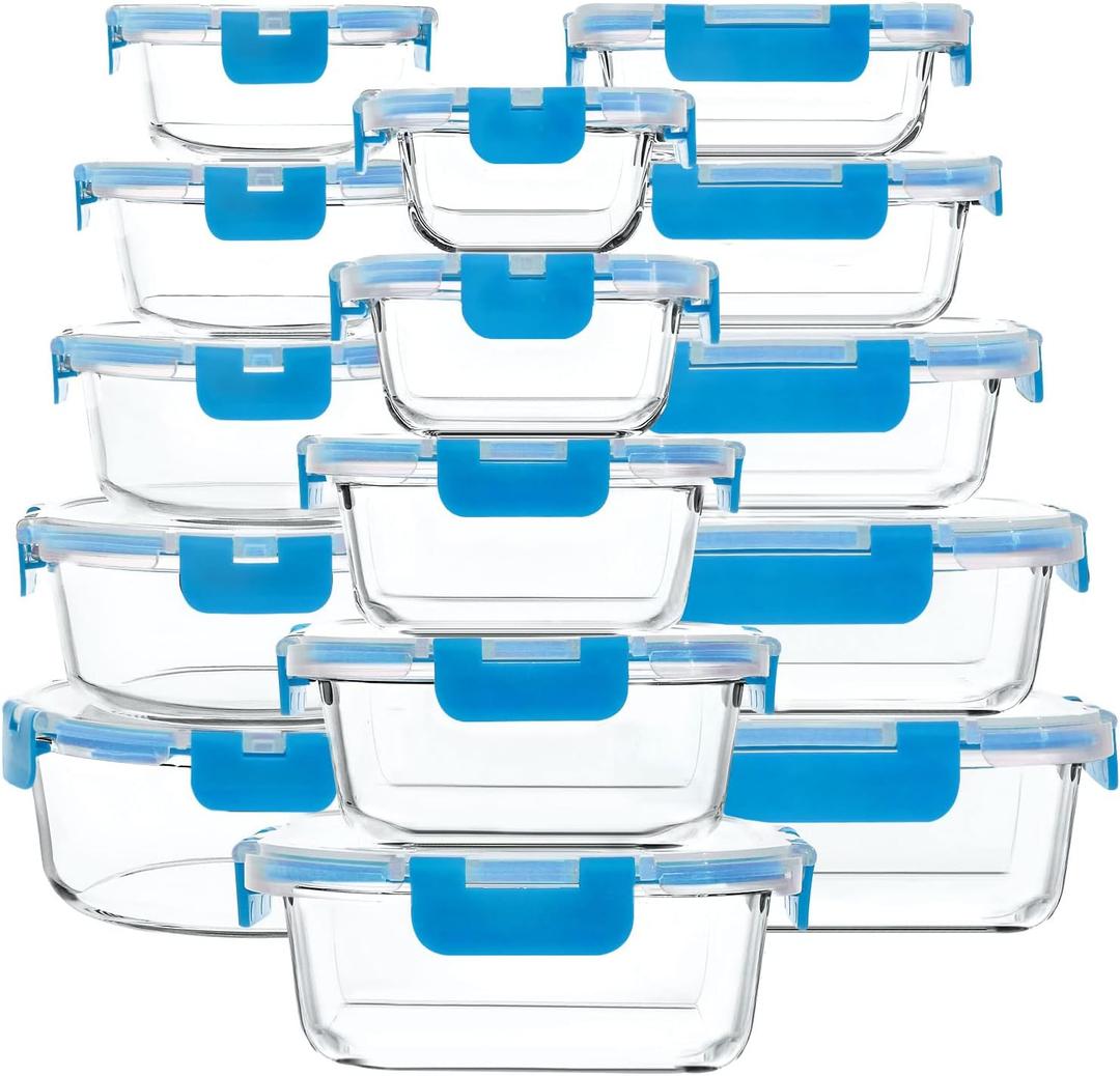 M MCIRCO 30 Pieces Glass Food Storage Containers with Upgraded Snap Locking Lids,Glass Meal Prep Containers Set - Airtight Lunch Containers, Microwave, Oven, Freezer and Dishwasher Friendly, Blue