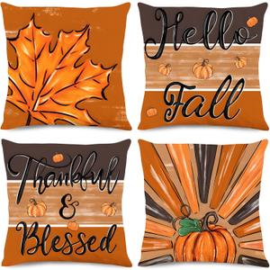 2 x DUZXLCQ Fall Pillow Covers 18x18 inch Set of 4 Pumpkins Thankful Blessed Maple Leaves Autumn Decorative Throw Pillow Covers Farmhouse Cushion Case Harvest Decorations for Couch Sofa Home Outdoor