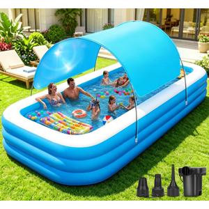 Extra Large Inflatable Pool with Canopy Pump, 145" x 74" x 22" Large Blow Up Pool for Adults Family, Full Size Inflatable Swimming Pool with Big Shade for Backyard Outdoor