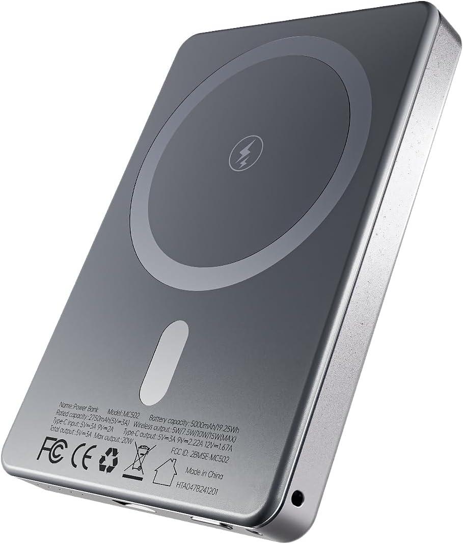 Magnetic Portable Charger, Wireless Portable Charger with 20W PD Fast Charging, Type-C Input/Output Magnetic Power Bank Compatible with iPhone 16/15/14, 5000mAh Ultra Slim Magnetic Battery Pack