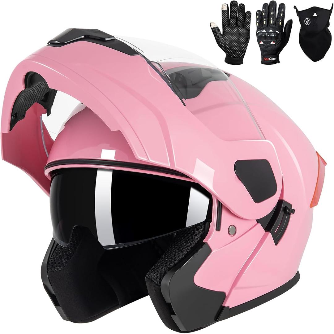 Modular Flip up Motorcycle Helmets for Men Women, DOT Approved, Pink, L