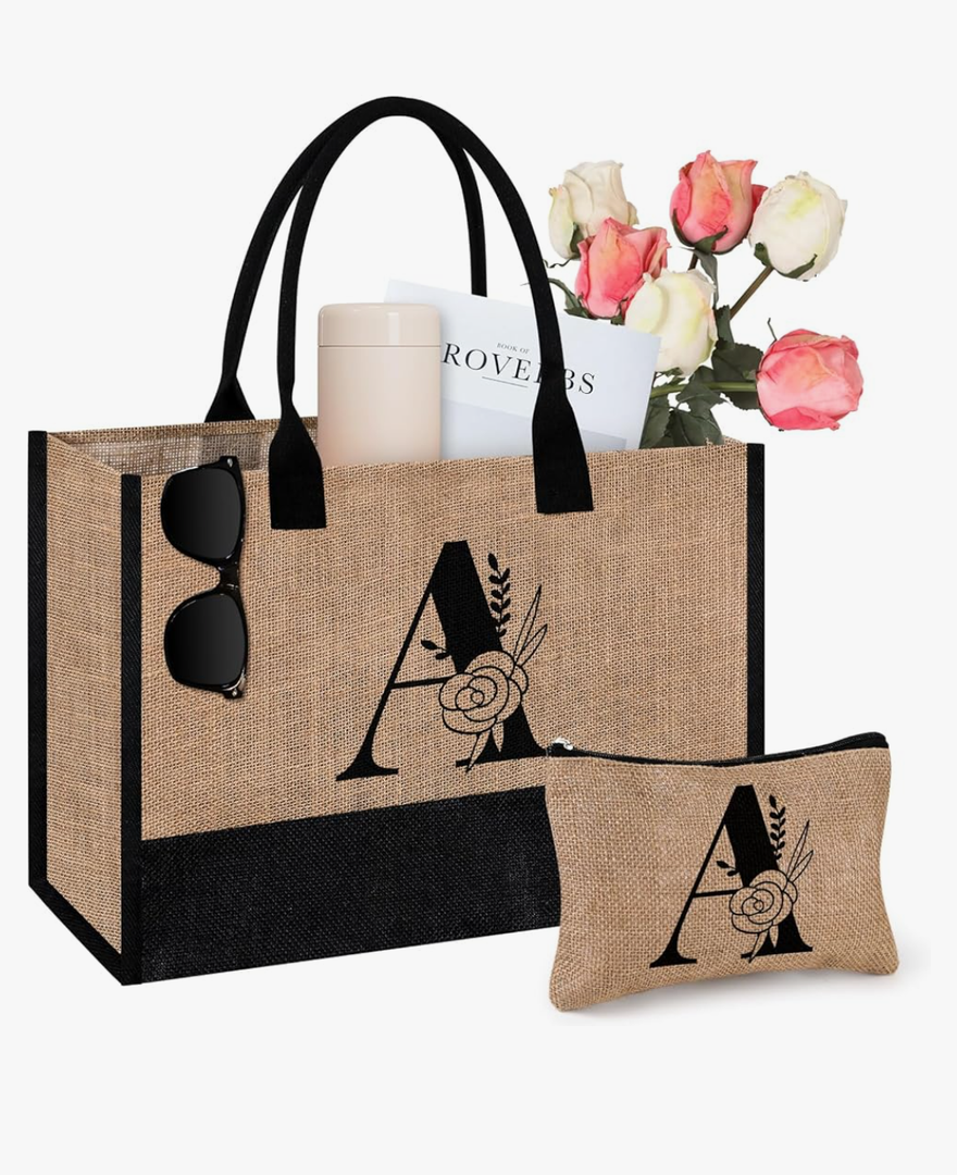 AYGE Personalized Initial Jute Tote Bag & Makeup Bag, Beach Bag, Monogrammed Birthday Gifts for Women Sister Mom Bridesmaid