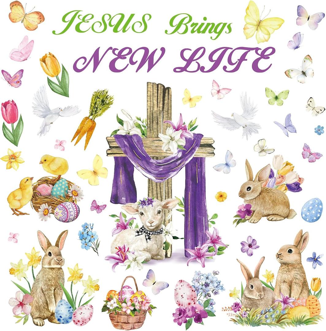 FYSUIMU Easter Bulletin Board Decoration Set Cross Bunny Lamb Flower Eggs Cutouts with 100Pcs Glue Points Christian JESUS Brings NEW LIFE Trim Border for Spring Party Classroom Wall Blackboard, 45 Pcs