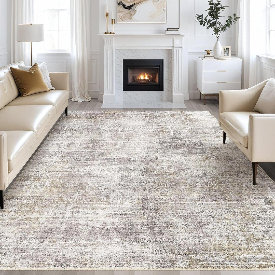 kakania Abstract 10x14 Area Rugs for Living Room: Washable Rugs Brown Gold | Soft, Non-Slip, Low-Pile, Pet & Kid Friendly - Large Modern Home Decor Carpet for Bedroom/Dining Room/Office/Nursery