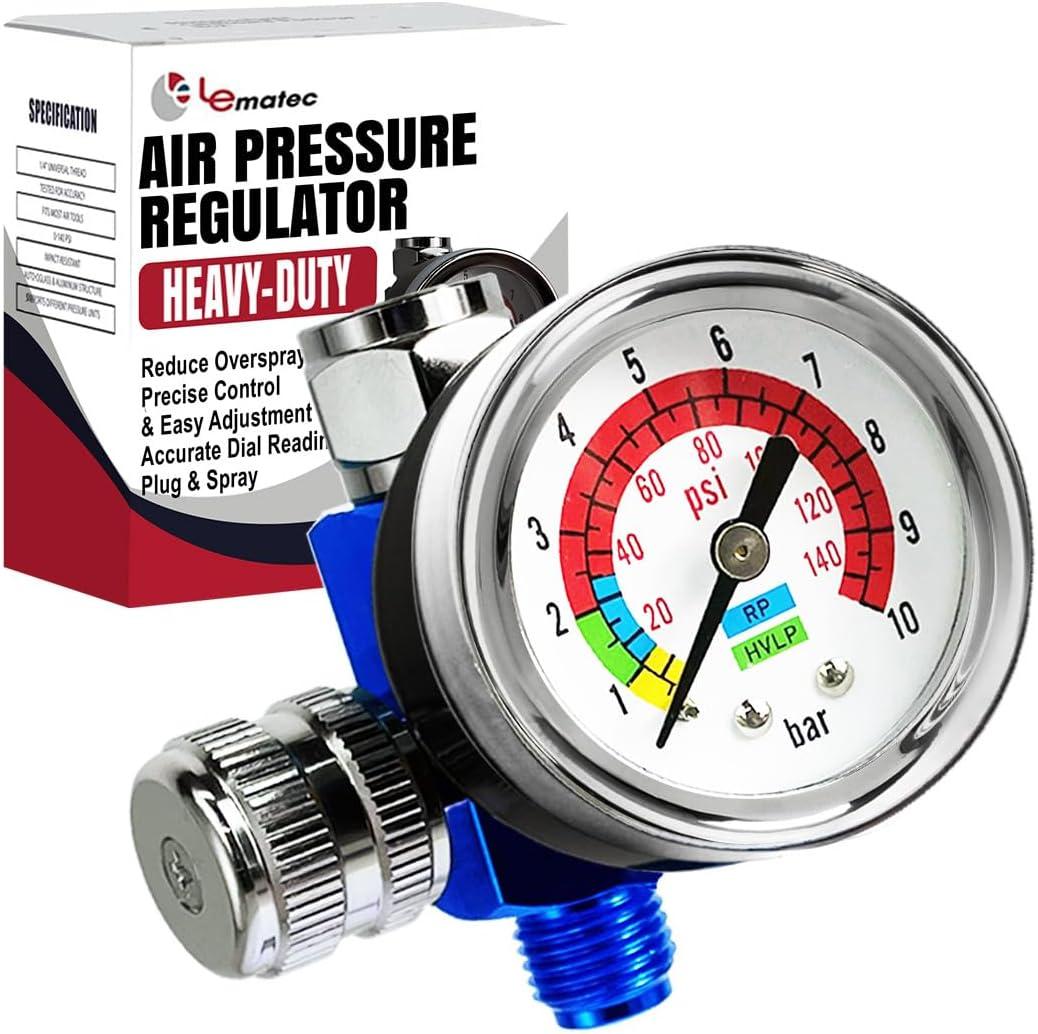 LE LEMATEC Air Compressor Regulator Valve with Pressure Gauge, for Precise Control in Air/Pneumatic Tool Applications, Spray Painting, Tire Inflation and More,  NPT, 0-150 PSI (AR-01)