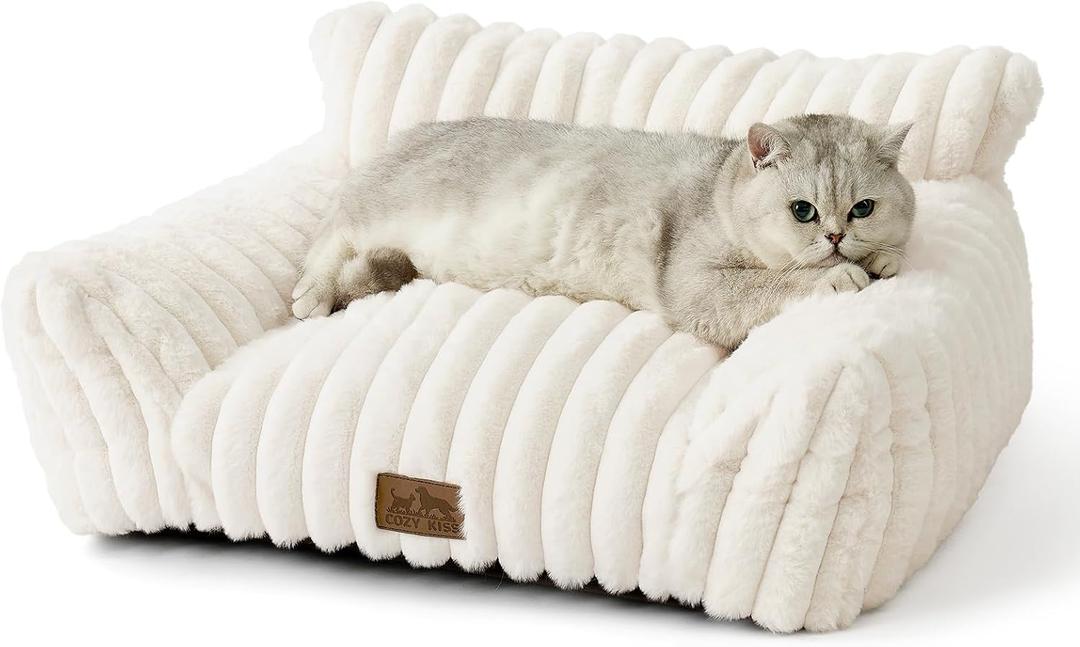 COZY KISS Cute Cat Couch, Fluffy Sofa Bed for Cats and Small Dogs, Premium Faux Rabbit Fur Cats beds for Indoor Cat, Ultra-Soft Supportive Pet Couch Furniture (Cream, S: 25.5''x17.5'')