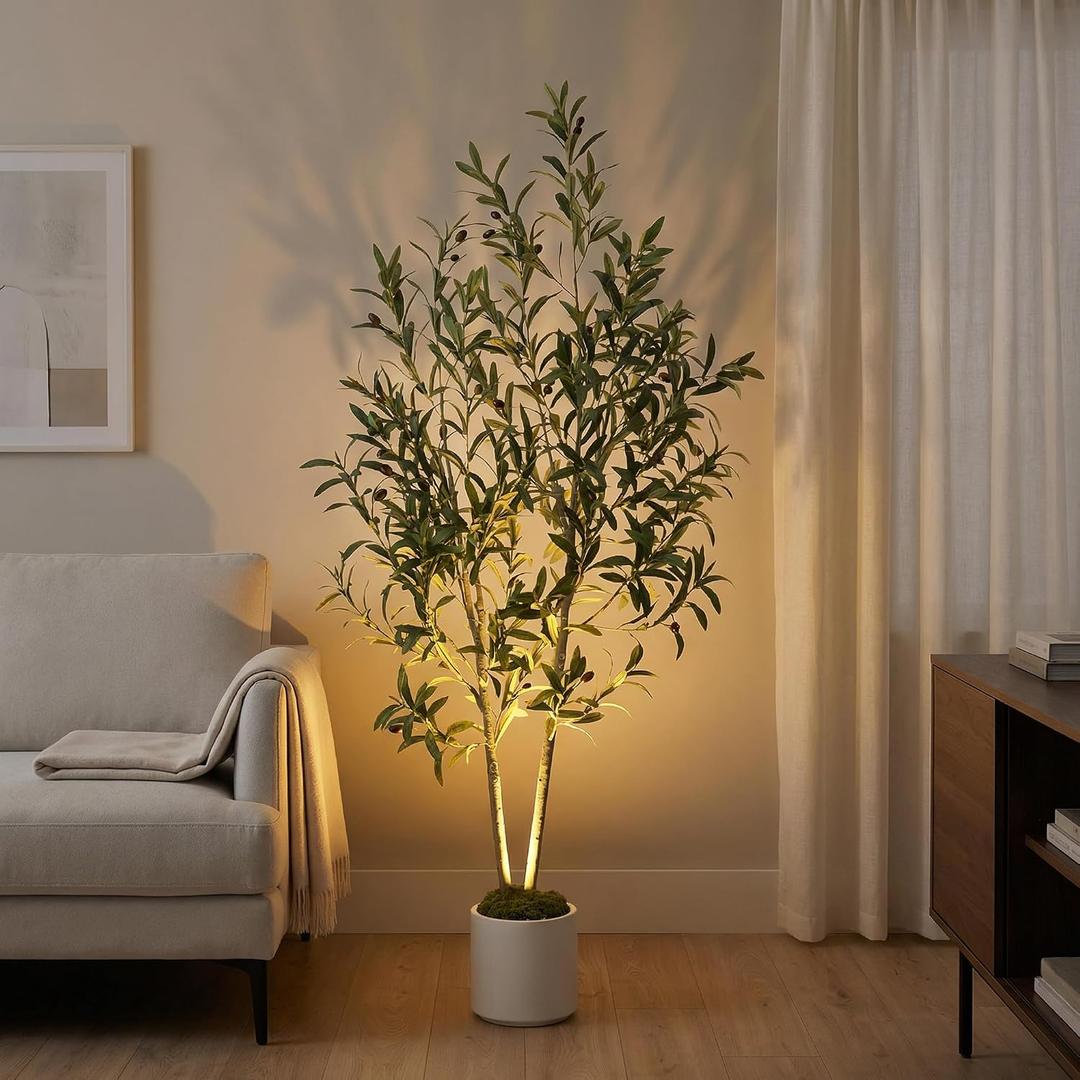 5ft (150 cm) Artificial Olive Tree with White Pot, Moss & USB LED 711 Leaves, 40 Olives, Realistic Fake Indoor Potted Plant for Home, Bedroom, Office & Living Room Decor