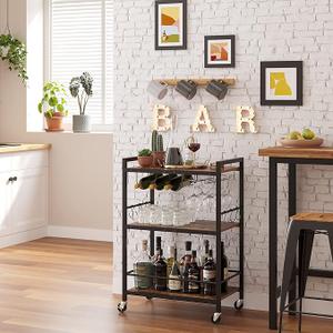 TUTOTAK Bar Cart, Serving Cart for Home, Microwave Cart, Drink Cart, Mobile Kitchen Shelf with Wine Rack and Glass Holder, Rolling Beverage Cart BC01BB030