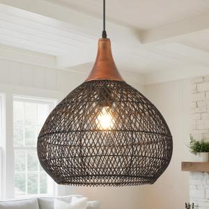 Black Rattan Pendant Light, 15.7" Rattan Chandelier Hand-Woven Wicker Pendant Light Fixtures with Solid Wood, Basket Hanging Lighting for Dining Room Kitchen Island Living Room, D 16", Large
